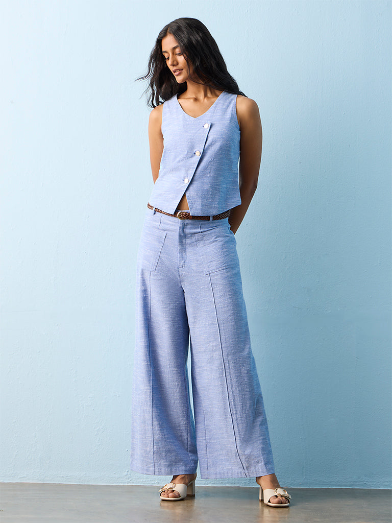 LOV Light Blue Melange Cotton-Blend Top