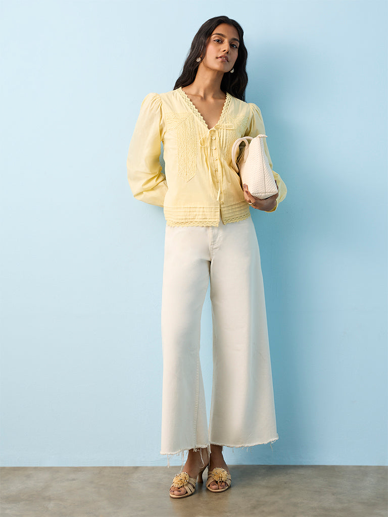 LOV Yellow Crochet Detailed Cotton Blouse