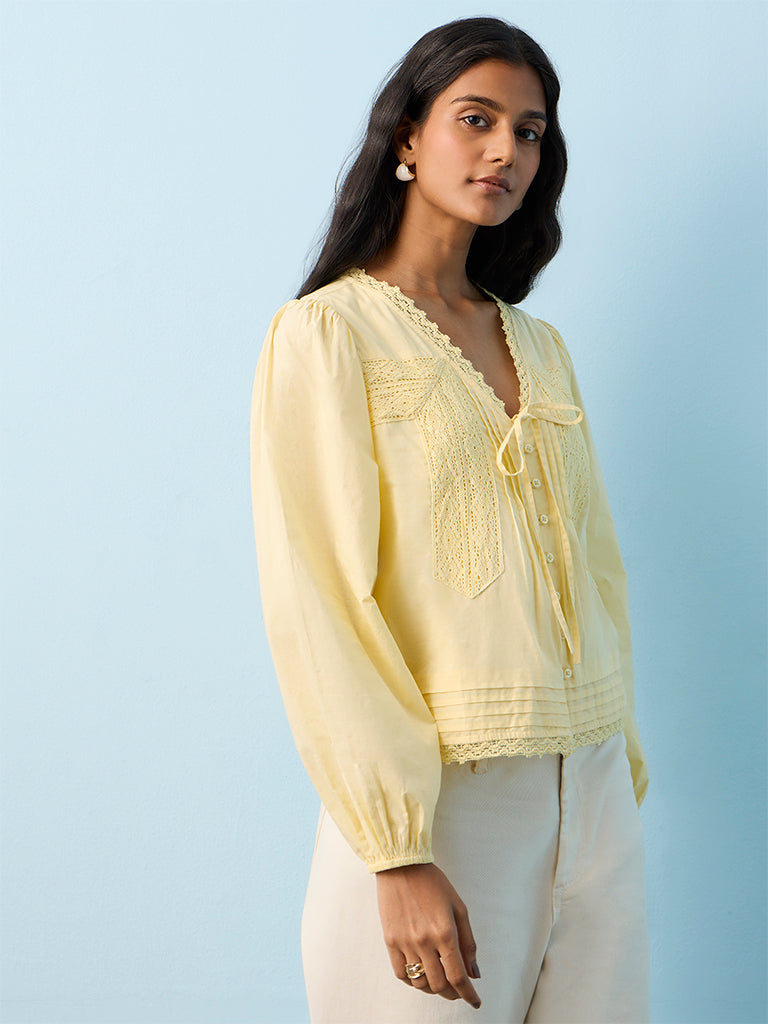 LOV Yellow Crochet Detailed Cotton Blouse