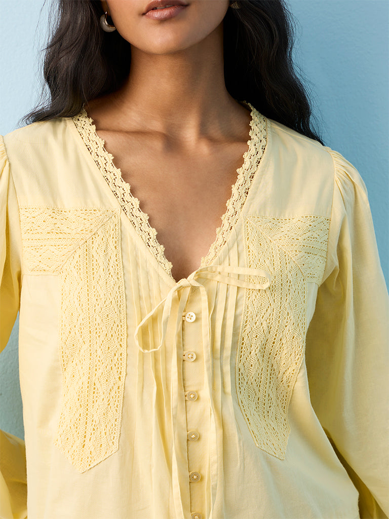 LOV Yellow Crochet Detailed Cotton Blouse