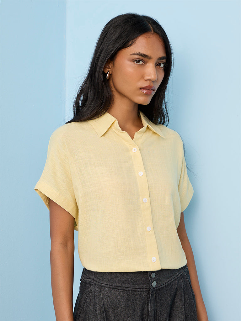 LOV Light Yellow Solid Cotton-Blend Shirt