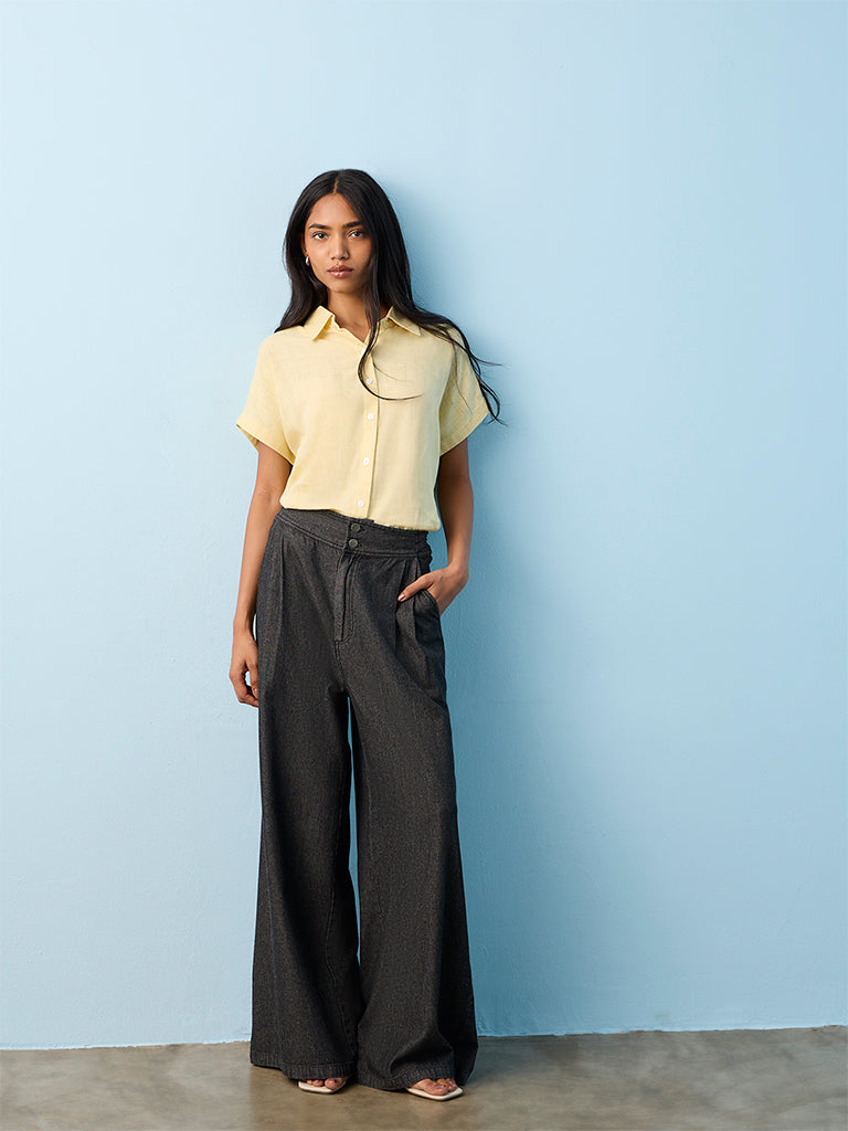 LOV Light Yellow Solid Cotton-Blend Shirt