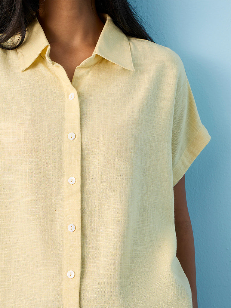 LOV Light Yellow Solid Cotton-Blend Shirt