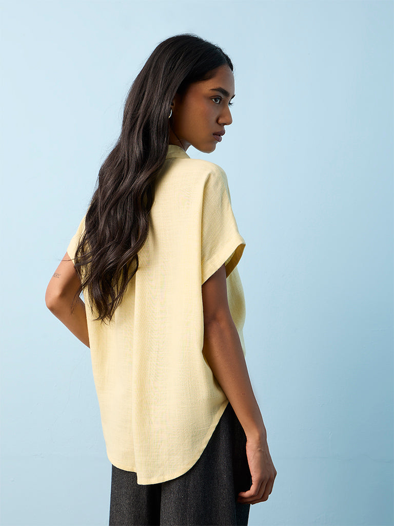 LOV Light Yellow Solid Cotton-Blend Shirt
