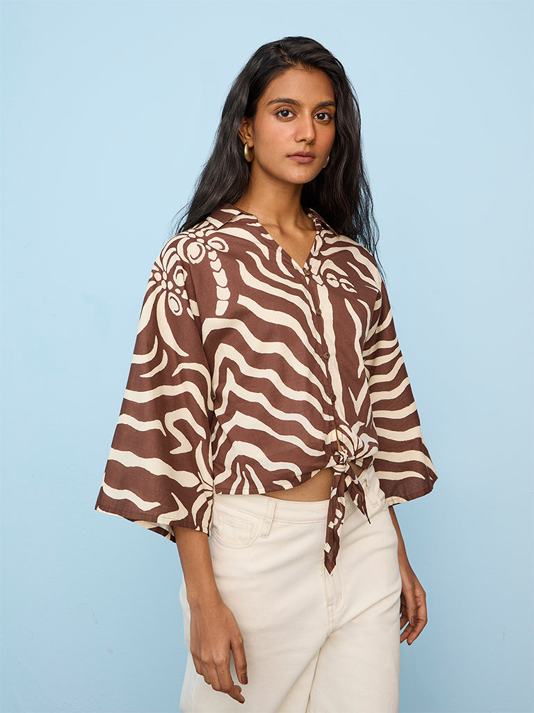 LOV Brown Wavy Abstract Printed Tie-Front Cotton Blouse