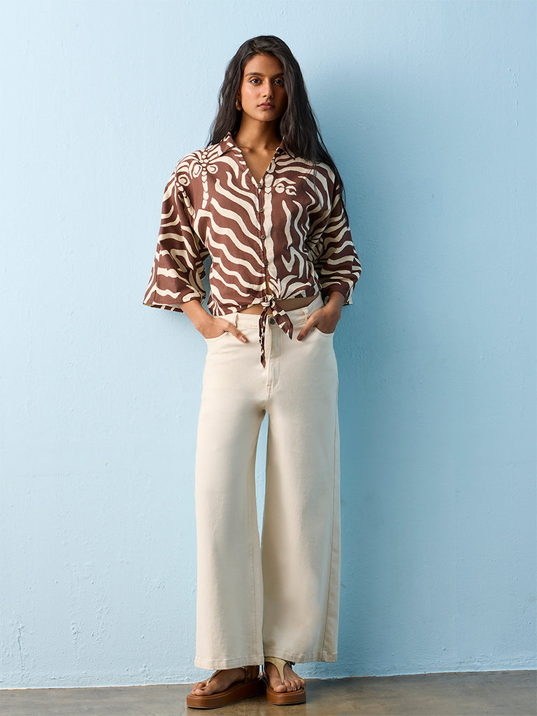 LOV Brown Wavy Abstract Printed Tie-Front Cotton Blouse