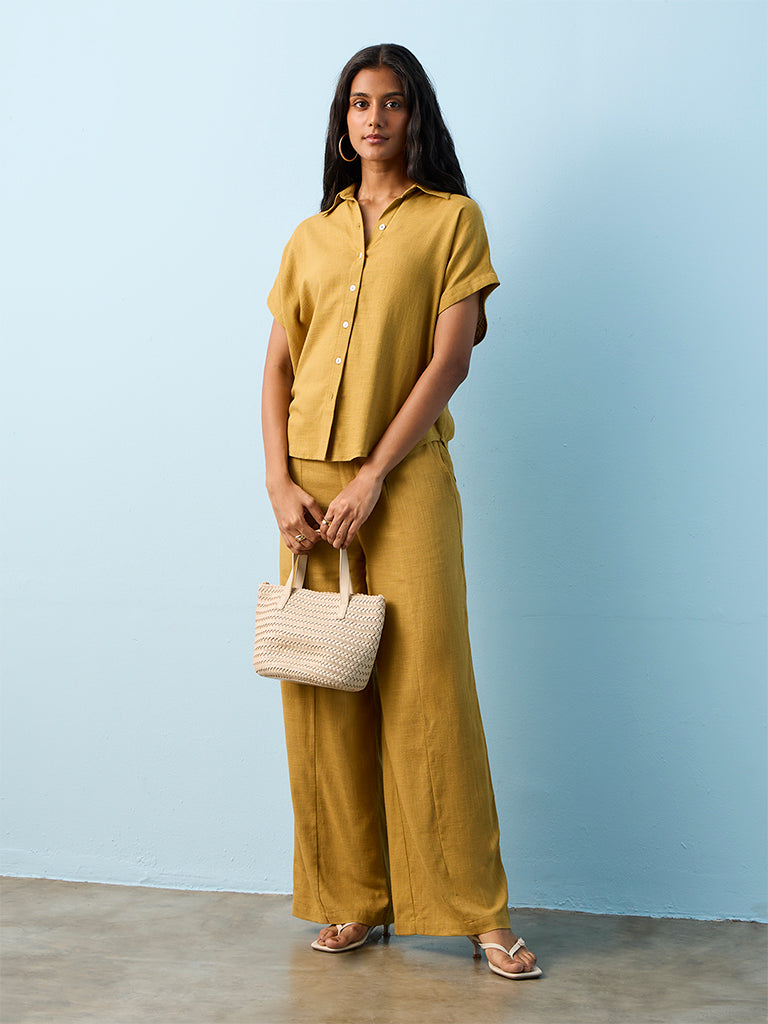 LOV Mustard Solid Cotton-Blend Shirt