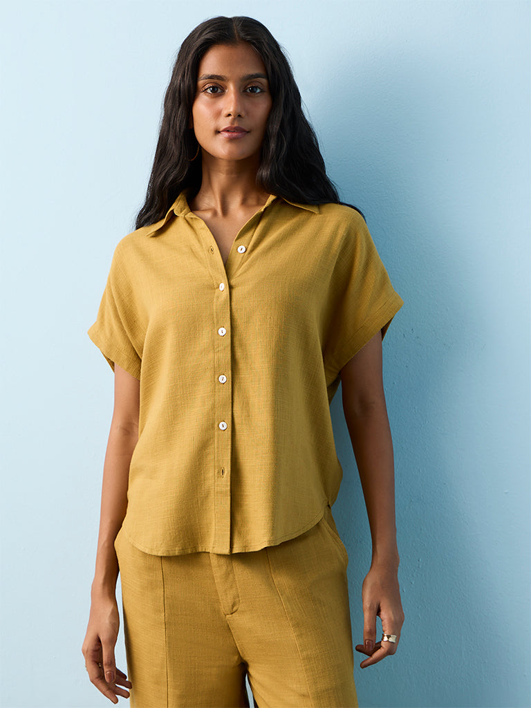 LOV Mustard Solid Cotton-Blend Shirt