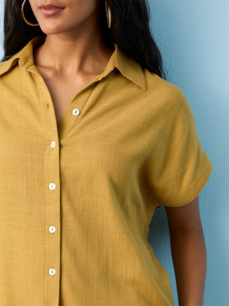 LOV Mustard Solid Cotton-Blend Shirt