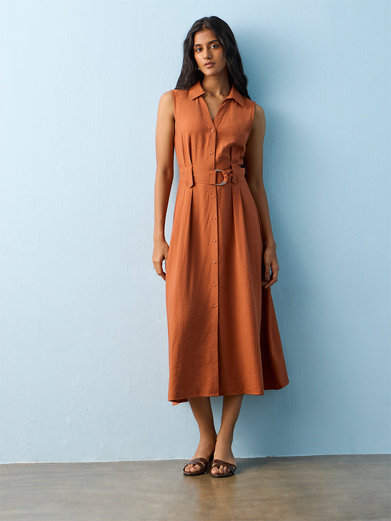 LOV Rust Cotton Shirt Dress with Belt
