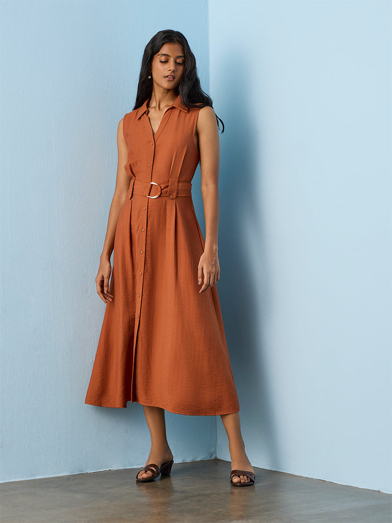 LOV Rust Cotton Shirt Dress with Belt