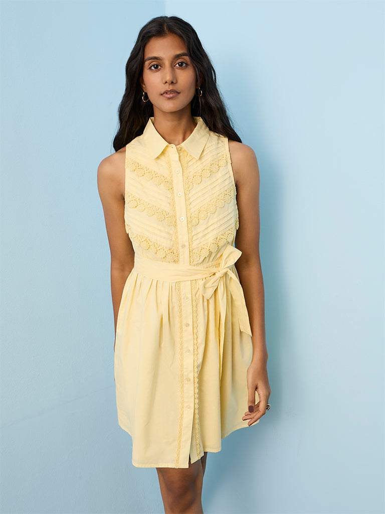 LOV Yellow Floral Embroidered Cotton Shirt Dress With Belt