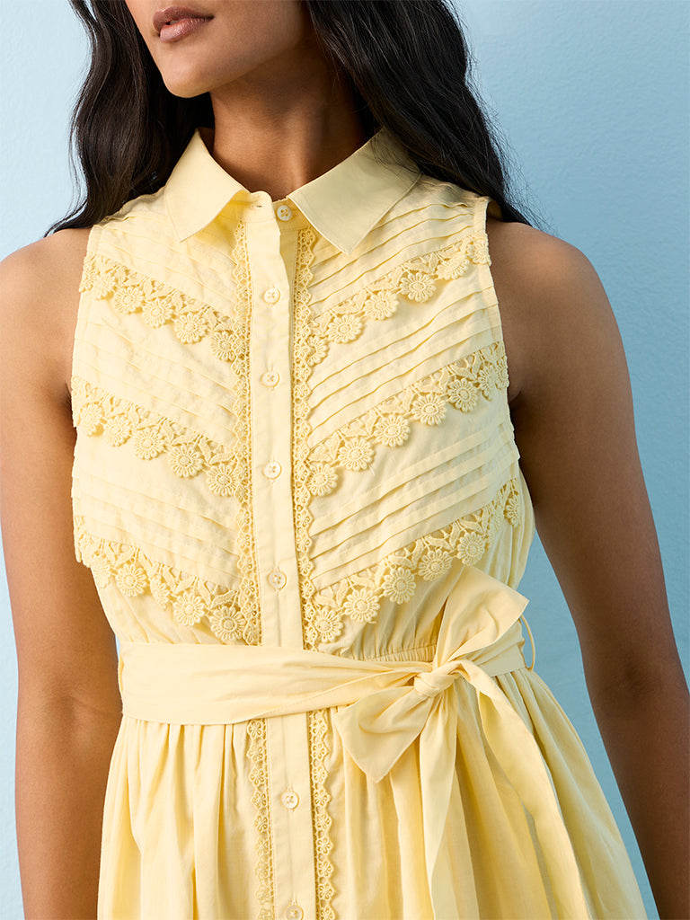 LOV Yellow Floral Embroidered Cotton Shirt Dress With Belt