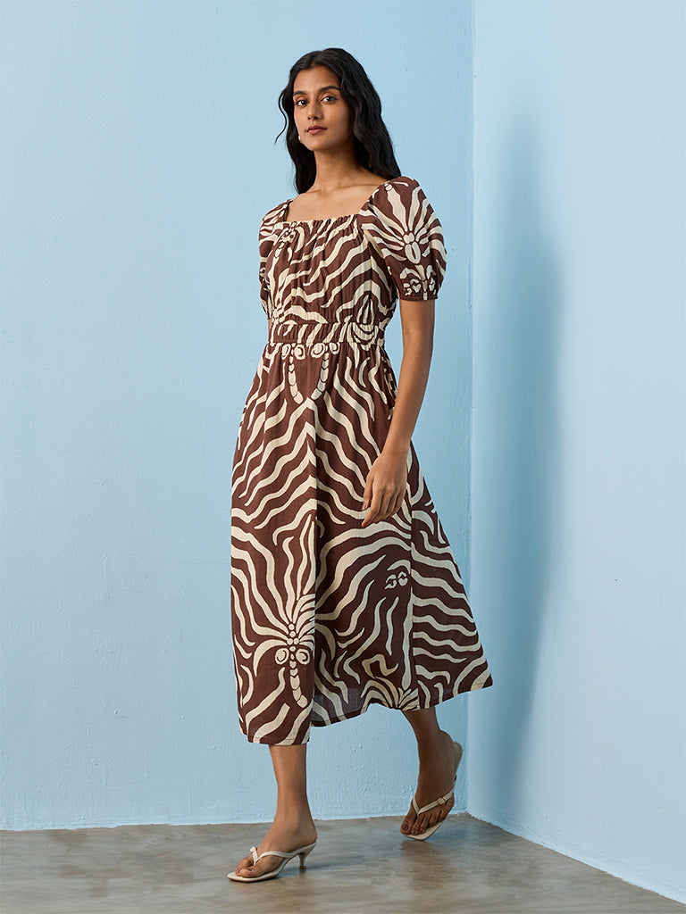 LOV Dark Brown Printed Cotton A-Line Dress
