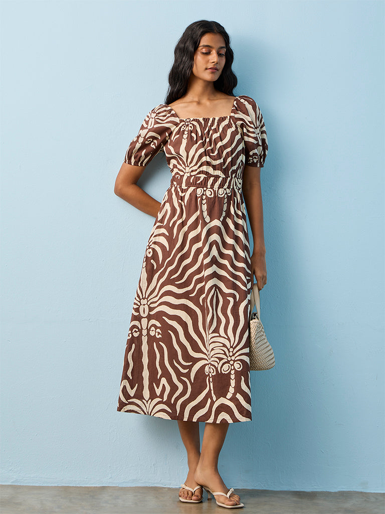 LOV Dark Brown Printed Cotton A-Line Dress