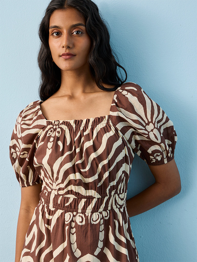 LOV Dark Brown Printed Cotton A-Line Dress
