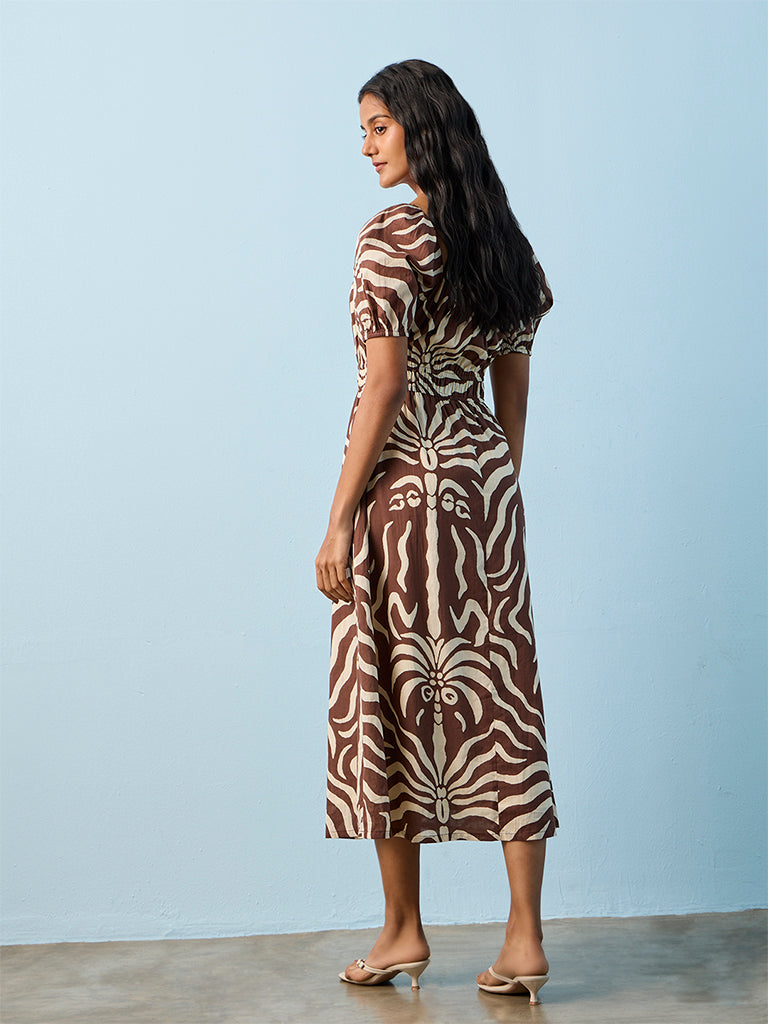 LOV Dark Brown Printed Cotton A-Line Dress