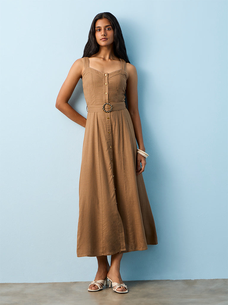 LOV Brown Solid A-Line Dress with Belt