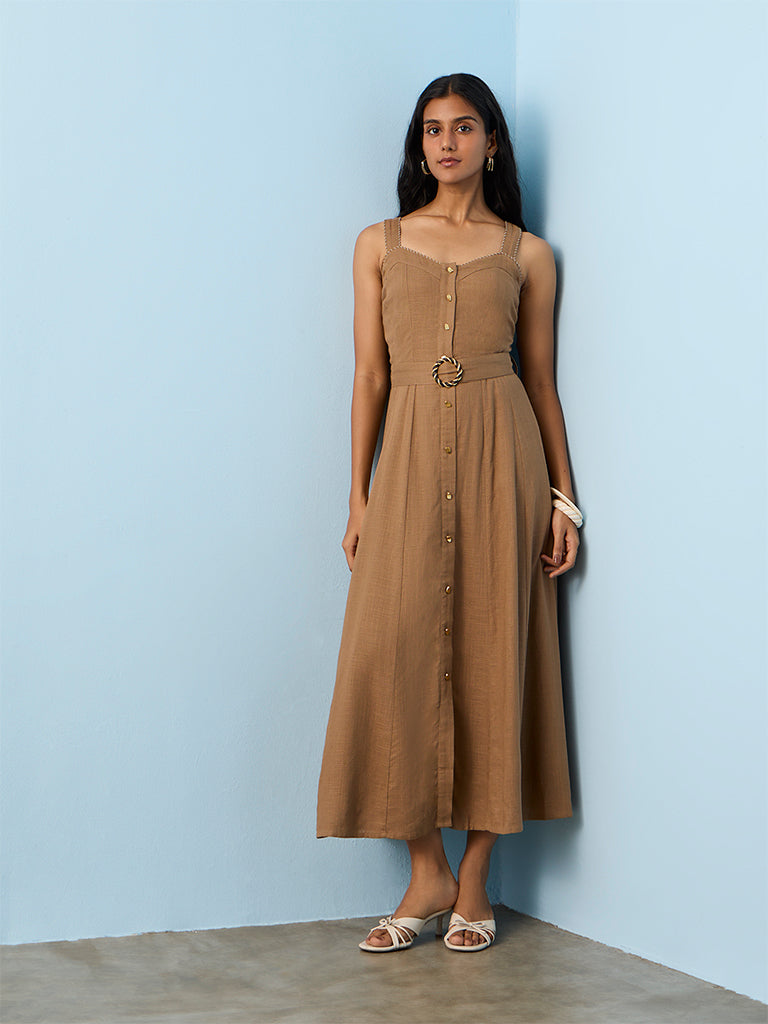 LOV Brown Solid A-Line Dress with Belt
