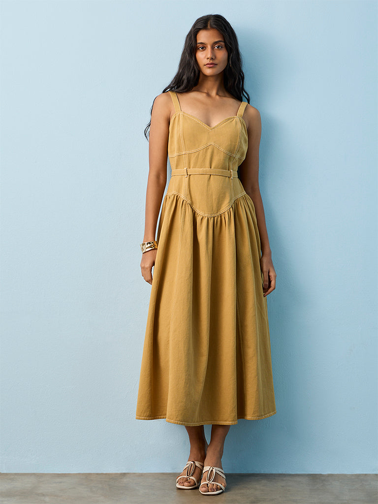 Utsa Khaki Solid Cotton A-Line Dress with Belt