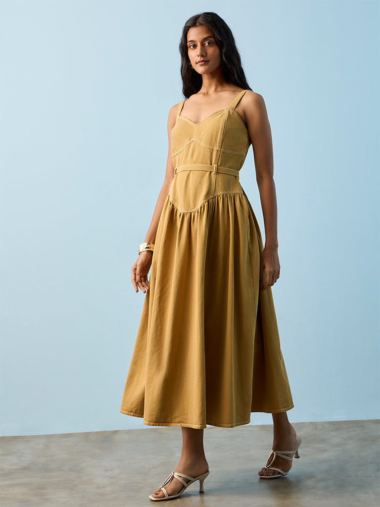 Utsa Khaki Solid Cotton A-Line Dress with Belt