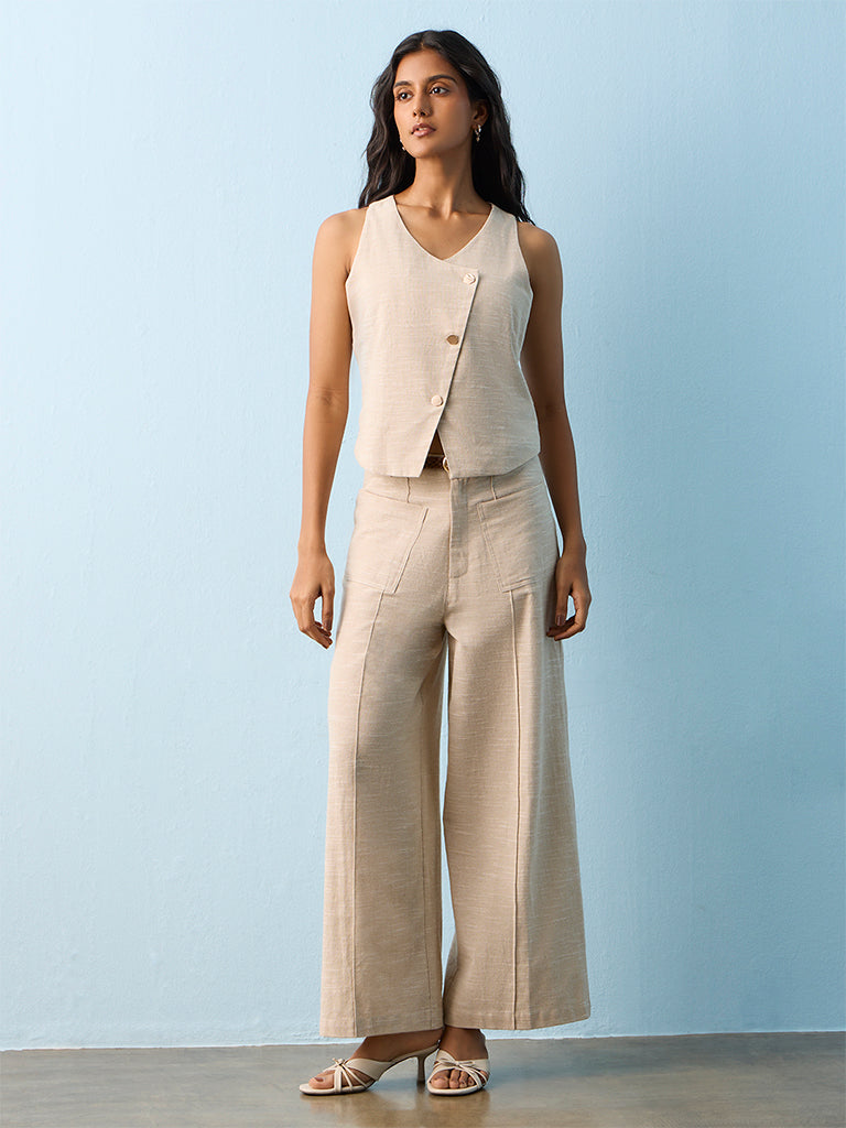 LOV Beige High-Rise Cotton-Blend Trousers with Belt