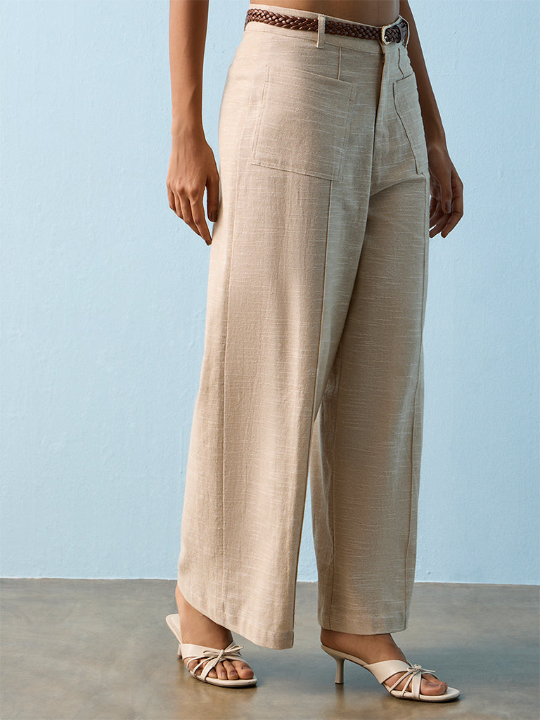 LOV Beige High-Rise Cotton-Blend Trousers with Belt