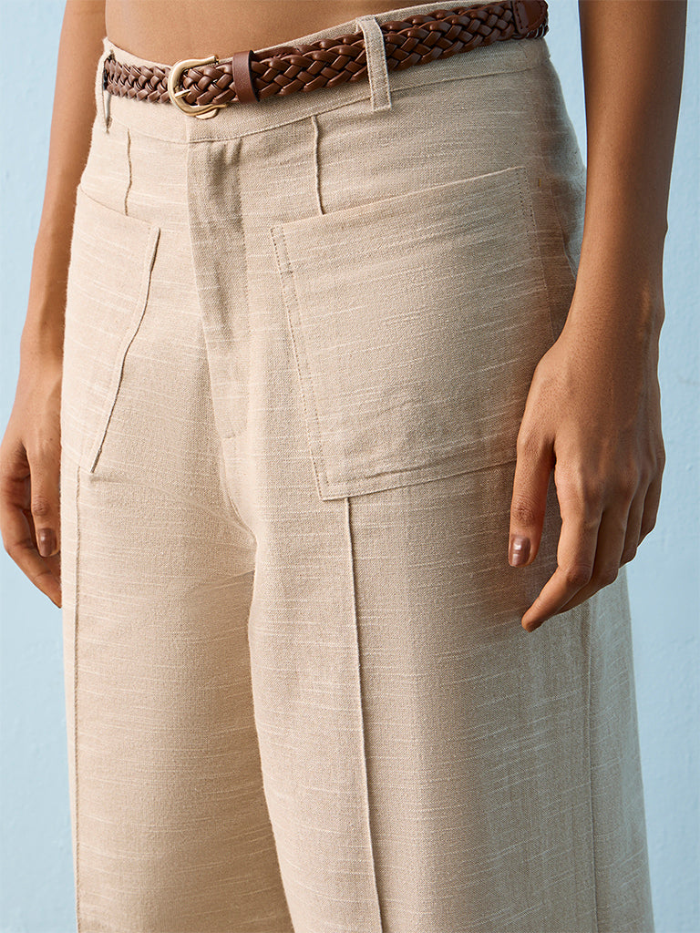 LOV Beige High-Rise Cotton-Blend Trousers with Belt