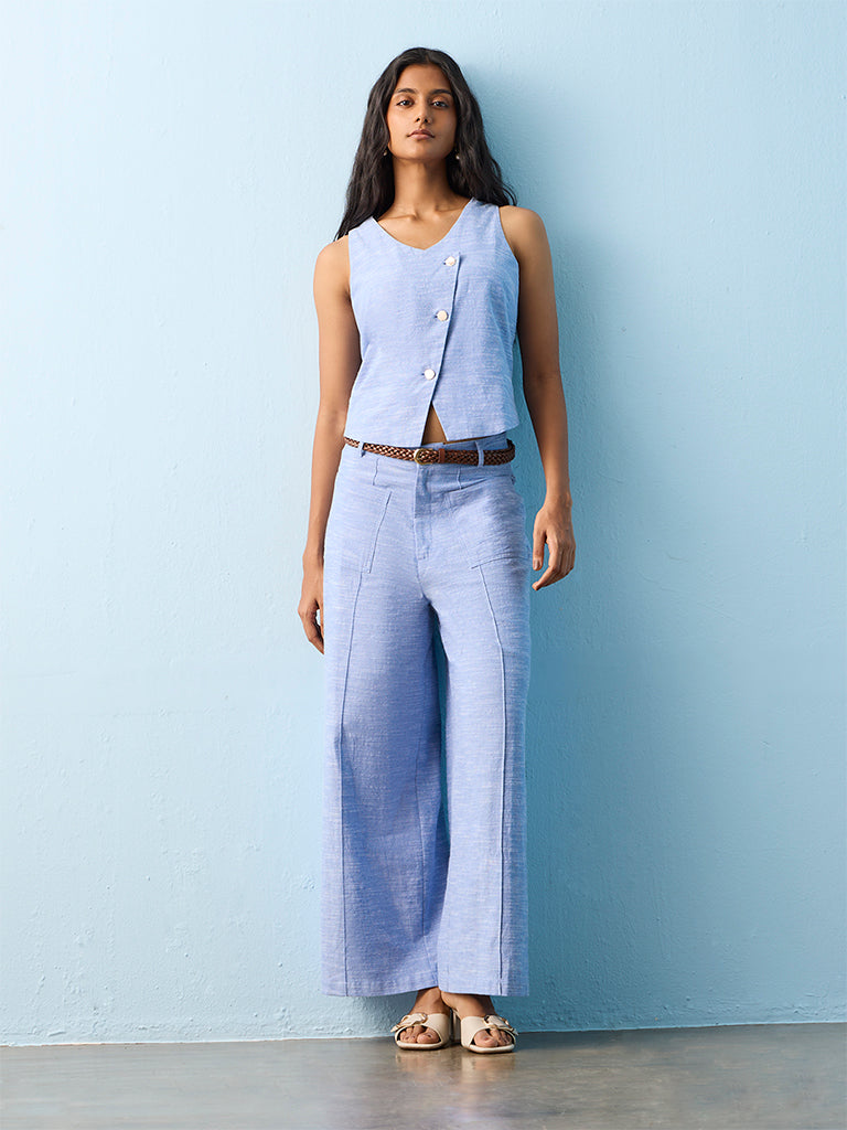 LOV Light Blue High-Rise Cotton-Blend Trousers with Belt