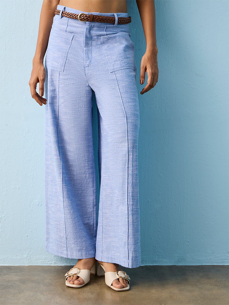 LOV Light Blue High-Rise Cotton-Blend Trousers with Belt