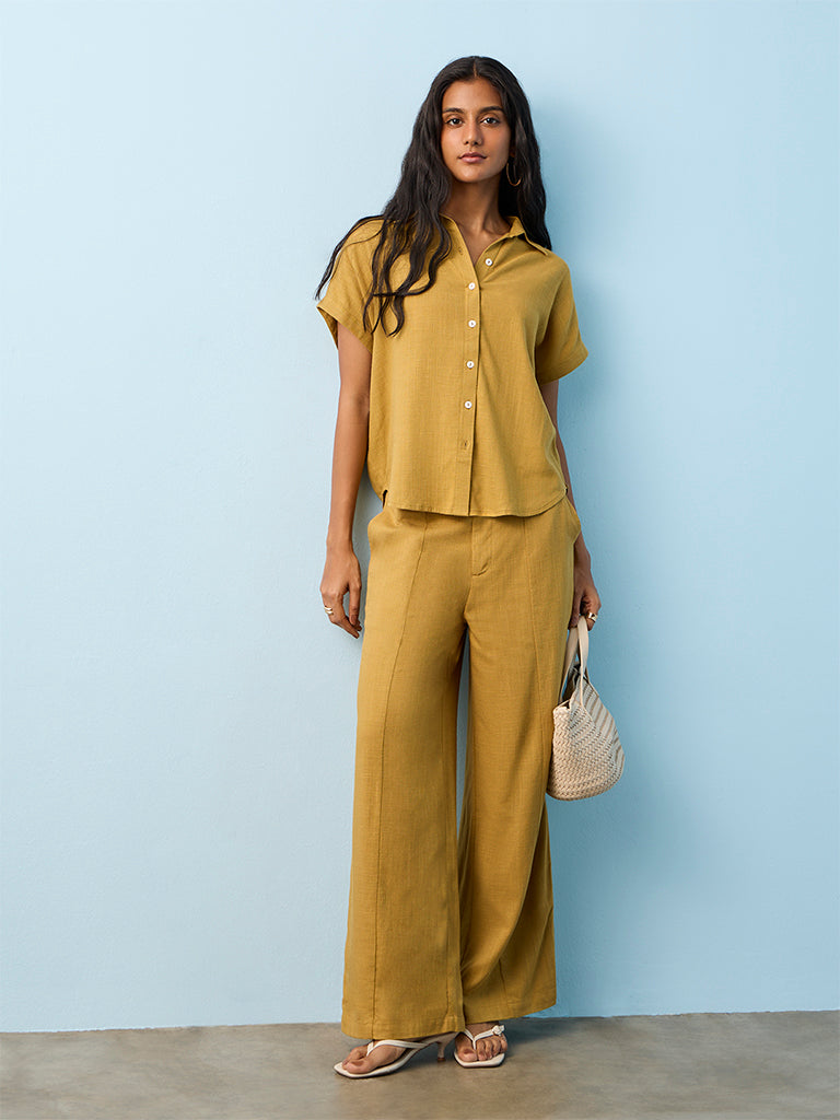 LOV Mustard Solid High-Rise Trousers