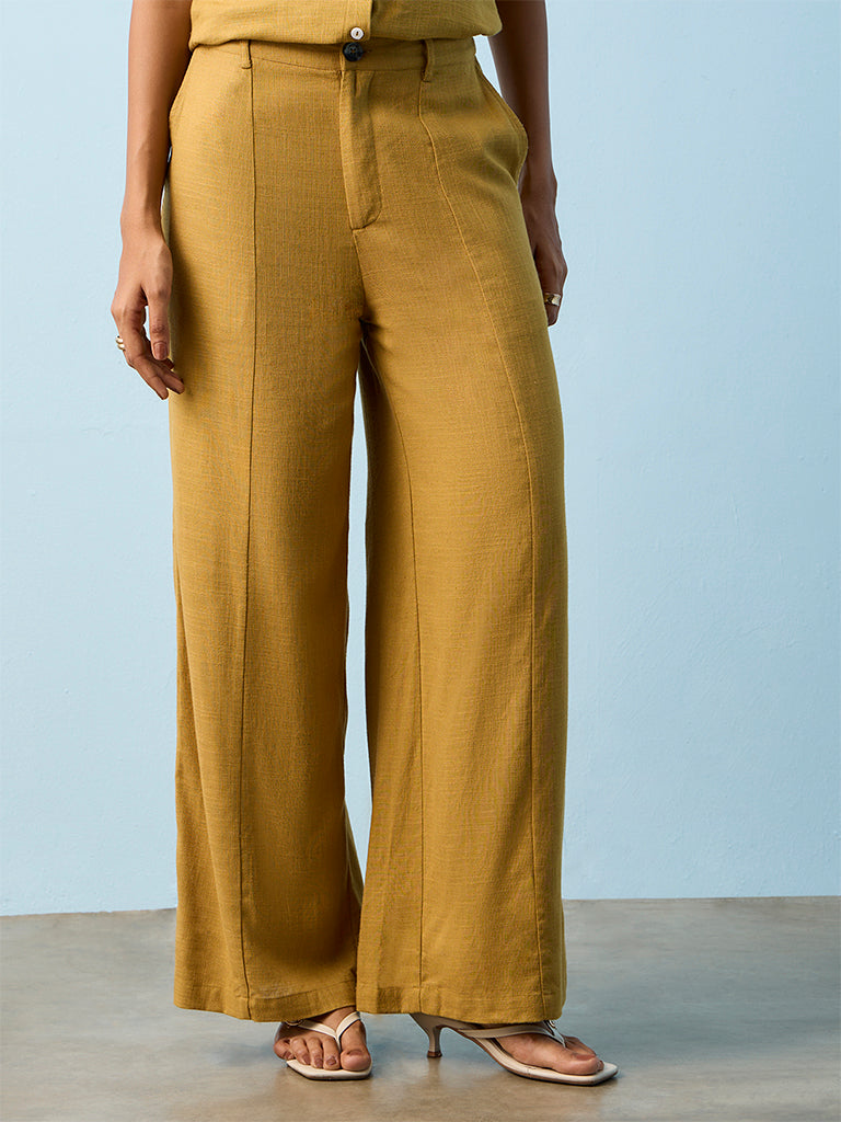 LOV Mustard Solid High-Rise Trousers