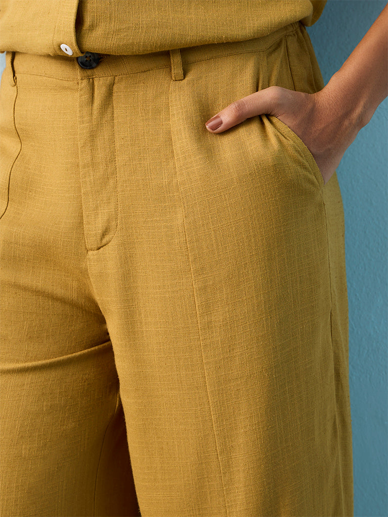LOV Mustard Solid High-Rise Trousers