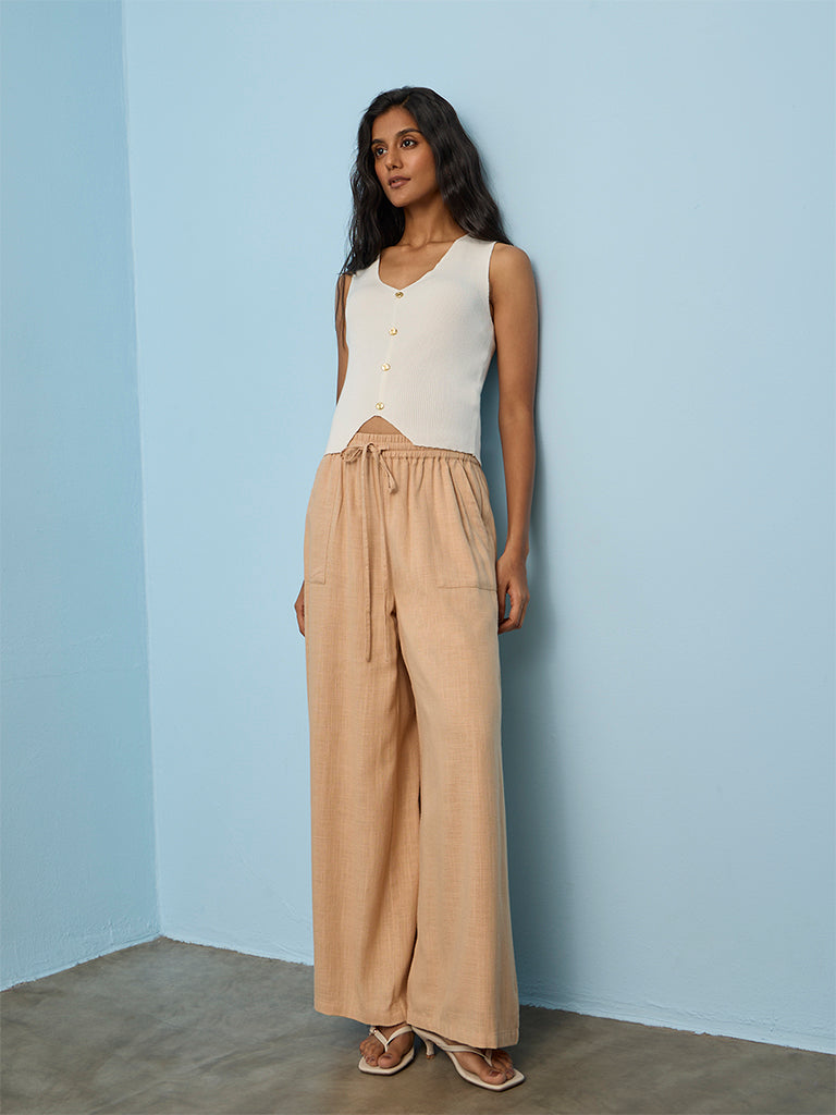 LOV Beige High-Rise Linen-Blend Wide-Leg Pants