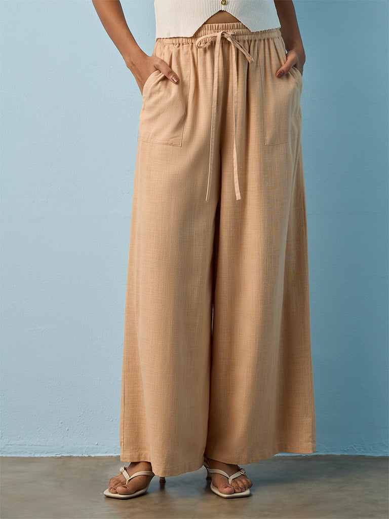 LOV Beige High-Rise Linen-Blend Wide-Leg Pants