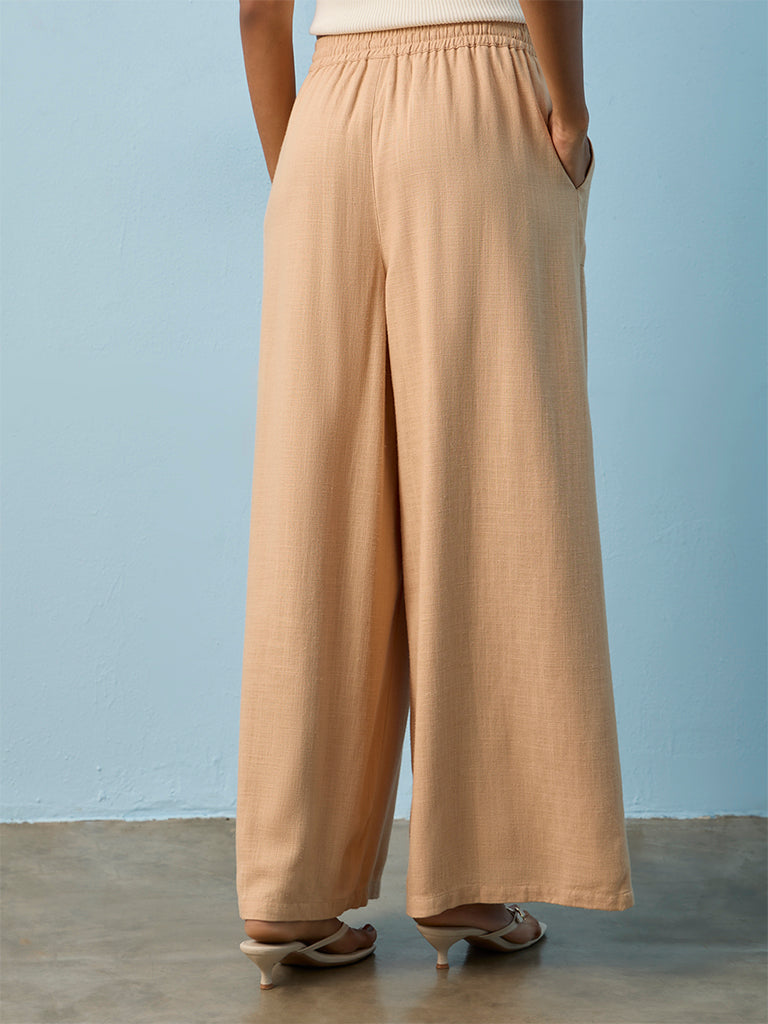 LOV Beige High-Rise Linen-Blend Wide-Leg Pants
