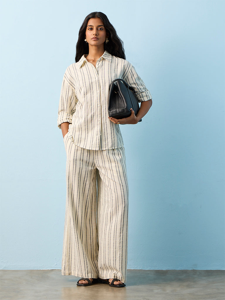 LOV Beige Striped High-Rise Cotton Trousers
