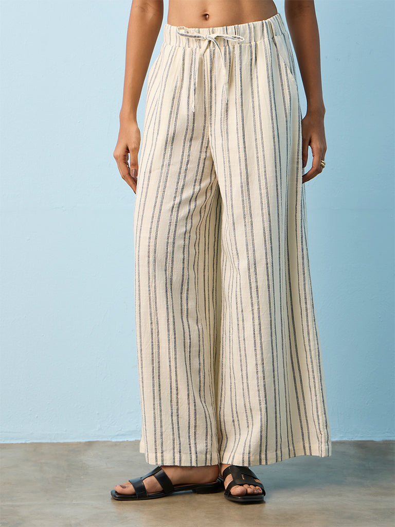 LOV Beige Striped High-Rise Cotton Trousers