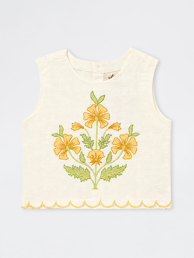 Utsa Kids Girls White Floral Embroidered Cotton-Blend Top - (2-8 yrs)
