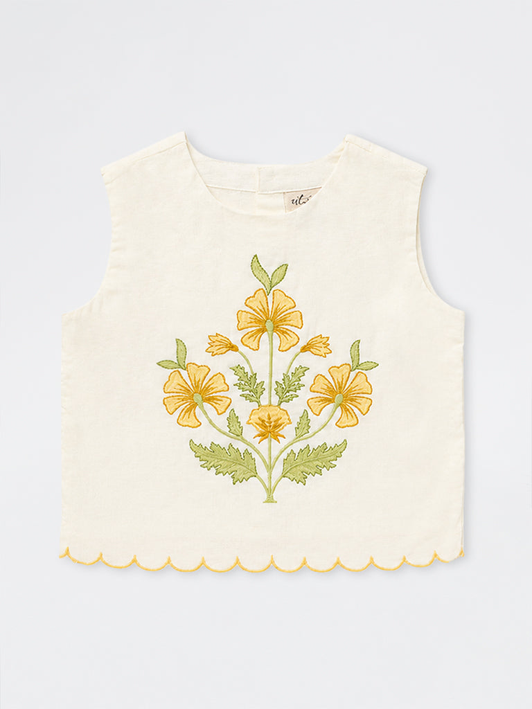 Utsa Kids Girls White Floral Embroidered Cotton-Blend Top - (8-14 yrs)