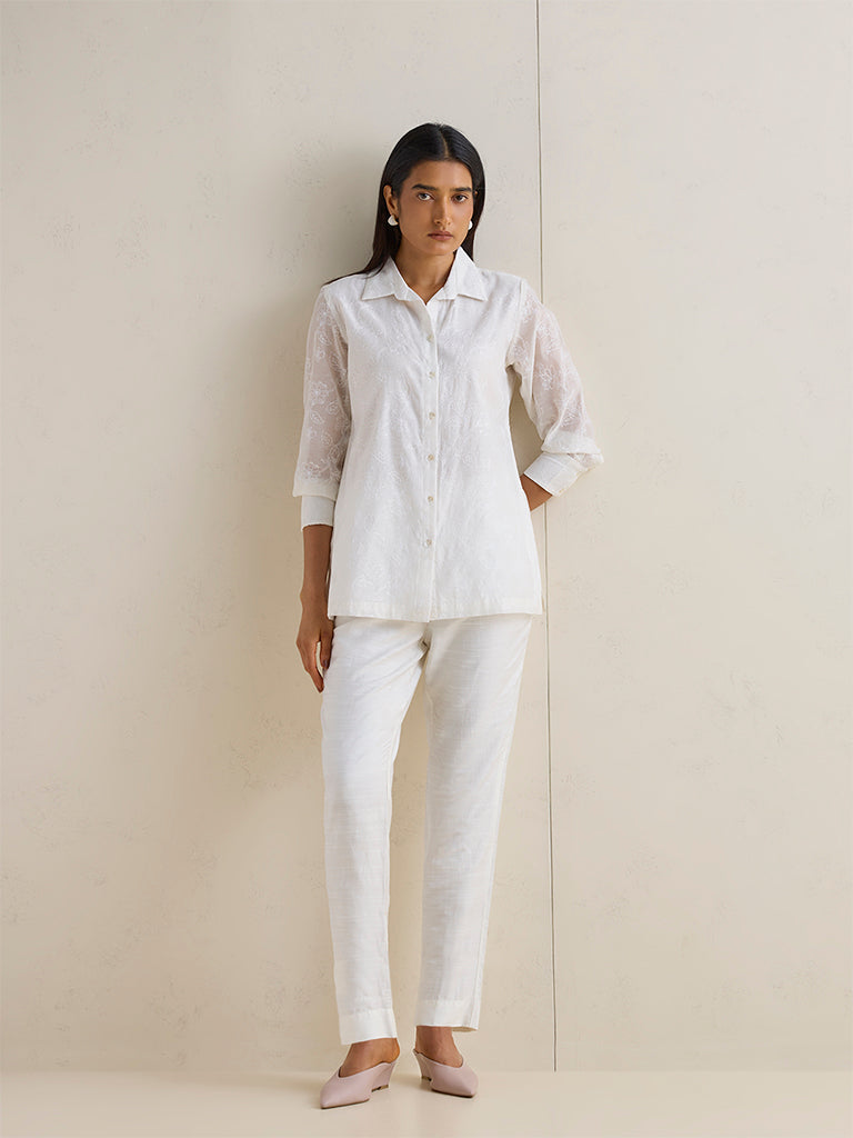 Zuba Off-White Floral Embroidered Cotton-Blend Tunic