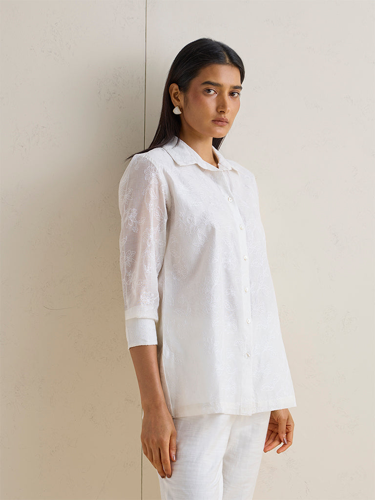 Zuba Off-White Floral Embroidered Cotton-Blend Tunic