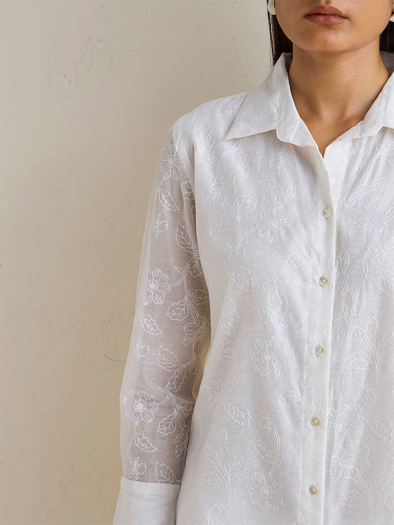 Zuba Off-White Floral Embroidered Cotton-Blend Tunic