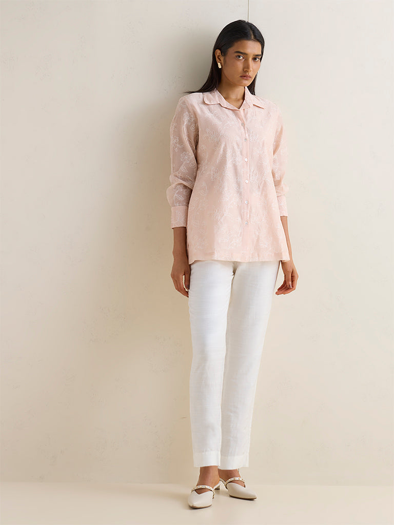 Zuba Peach Floral Embroidered Regular-Fit Cotton-Blend Tunic