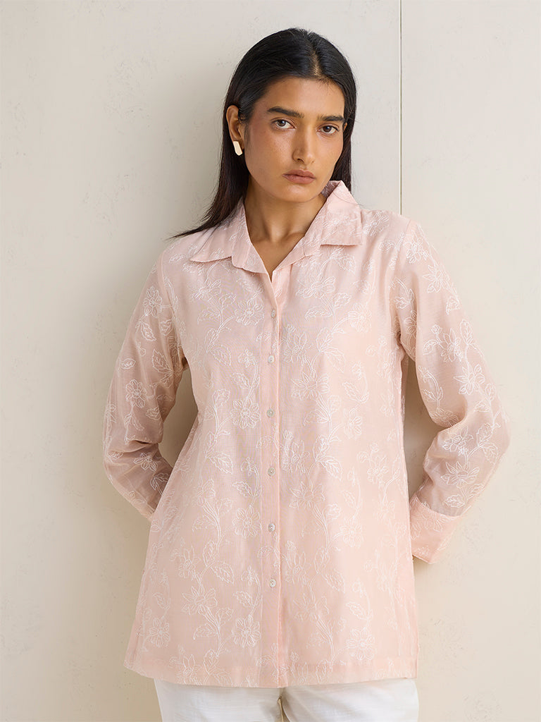 Zuba Peach Floral Embroidered Regular-Fit Cotton-Blend Tunic