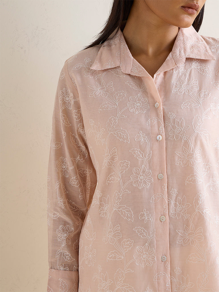 Zuba Peach Floral Embroidered Regular-Fit Cotton-Blend Tunic