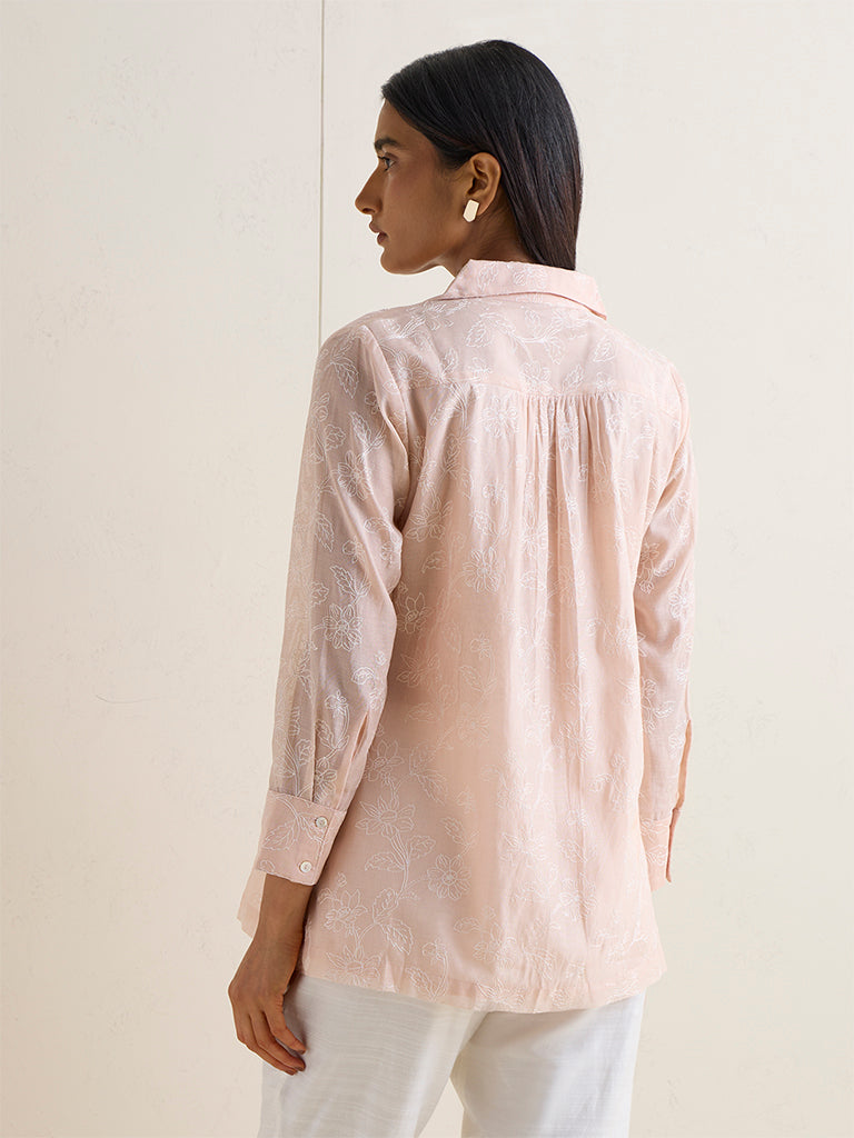 Zuba Peach Floral Embroidered Regular-Fit Cotton-Blend Tunic