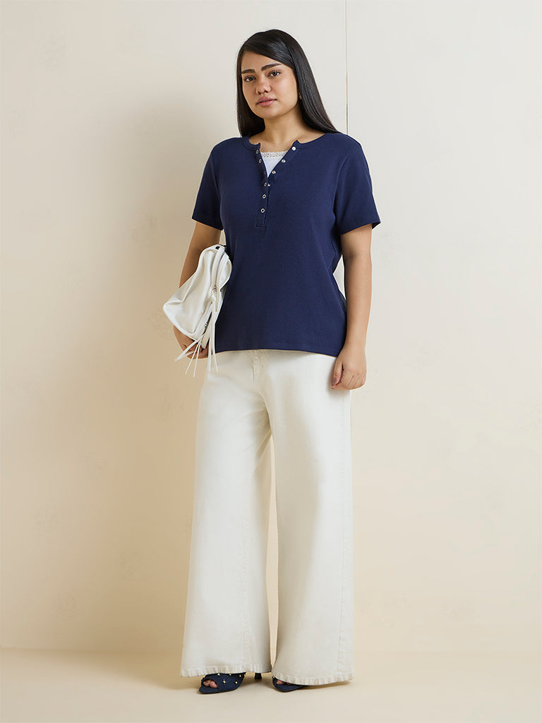 Gia Navy Cotton-Blend Henley T-Shirt