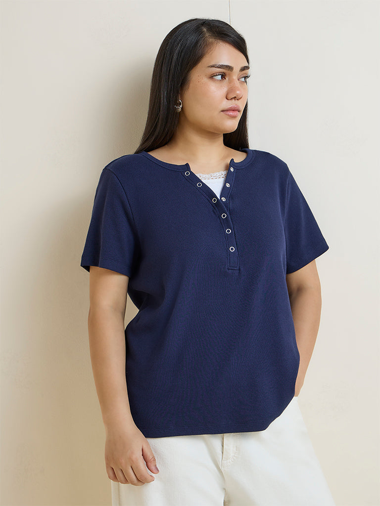 Gia Navy Cotton-Blend Henley T-Shirt