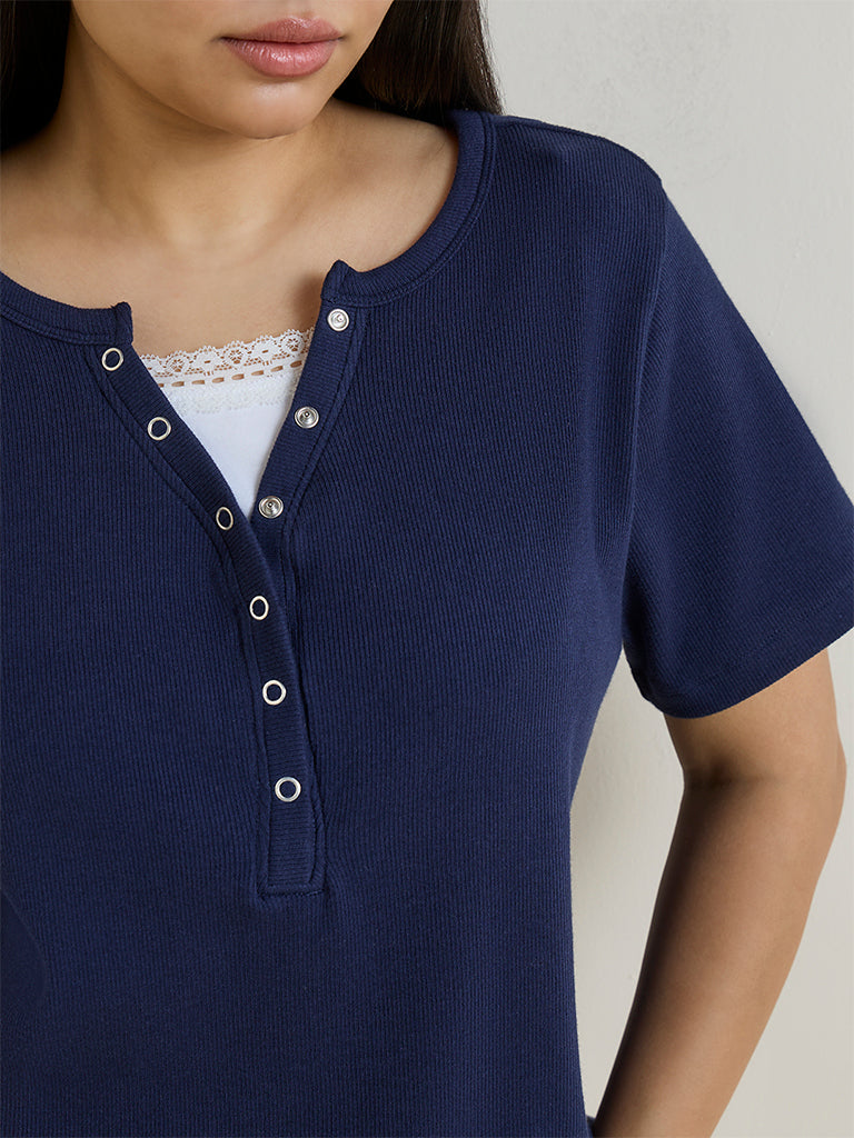 Gia Navy Cotton-Blend Henley T-Shirt